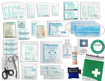 Komplett-Set Erste-Hilfe nach aktueller DIN/EN 13157 PLUS 4 für Betriebe inkl. Notfallbeatmungshilfe, Hygiene-Gel & Sprühpflaster